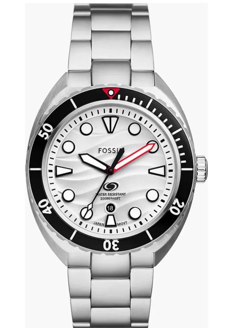 Fossil Stainless Steel Diver Watch  White Dial Black Bezel Mens